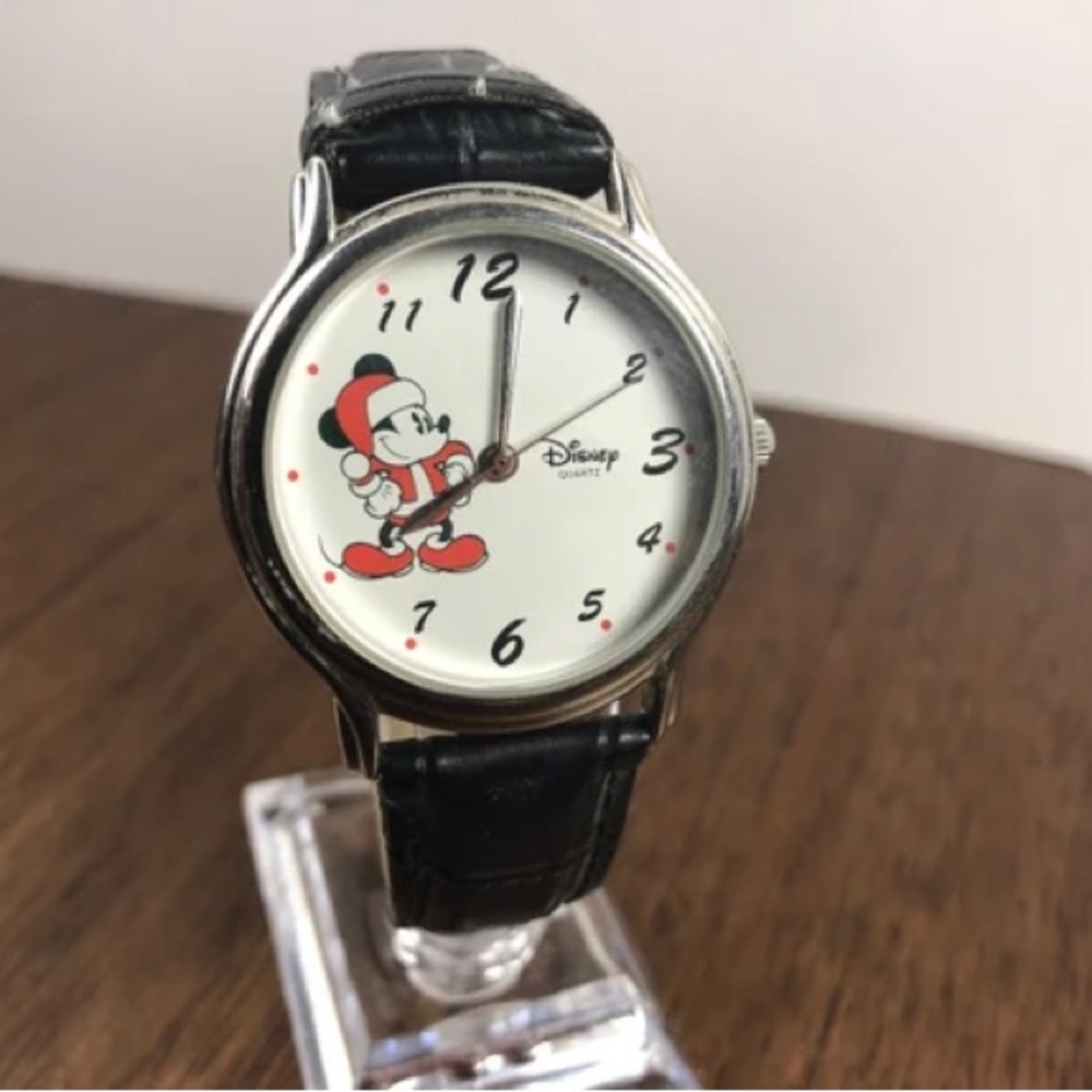 NIB Vintage Disney Time Works Santa Mickey Mouse Watch Leather Silver Christmas